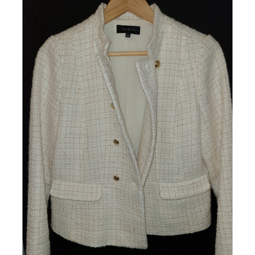 Talbots Tweed Wool Blend Blazer Size 8 Cream Jacket With Gold Buttons